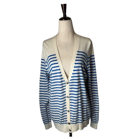 Ann Taylor Sweater Women Medium Blue White Striped Button Front Cardigan Preppy - Picture 1 of 11